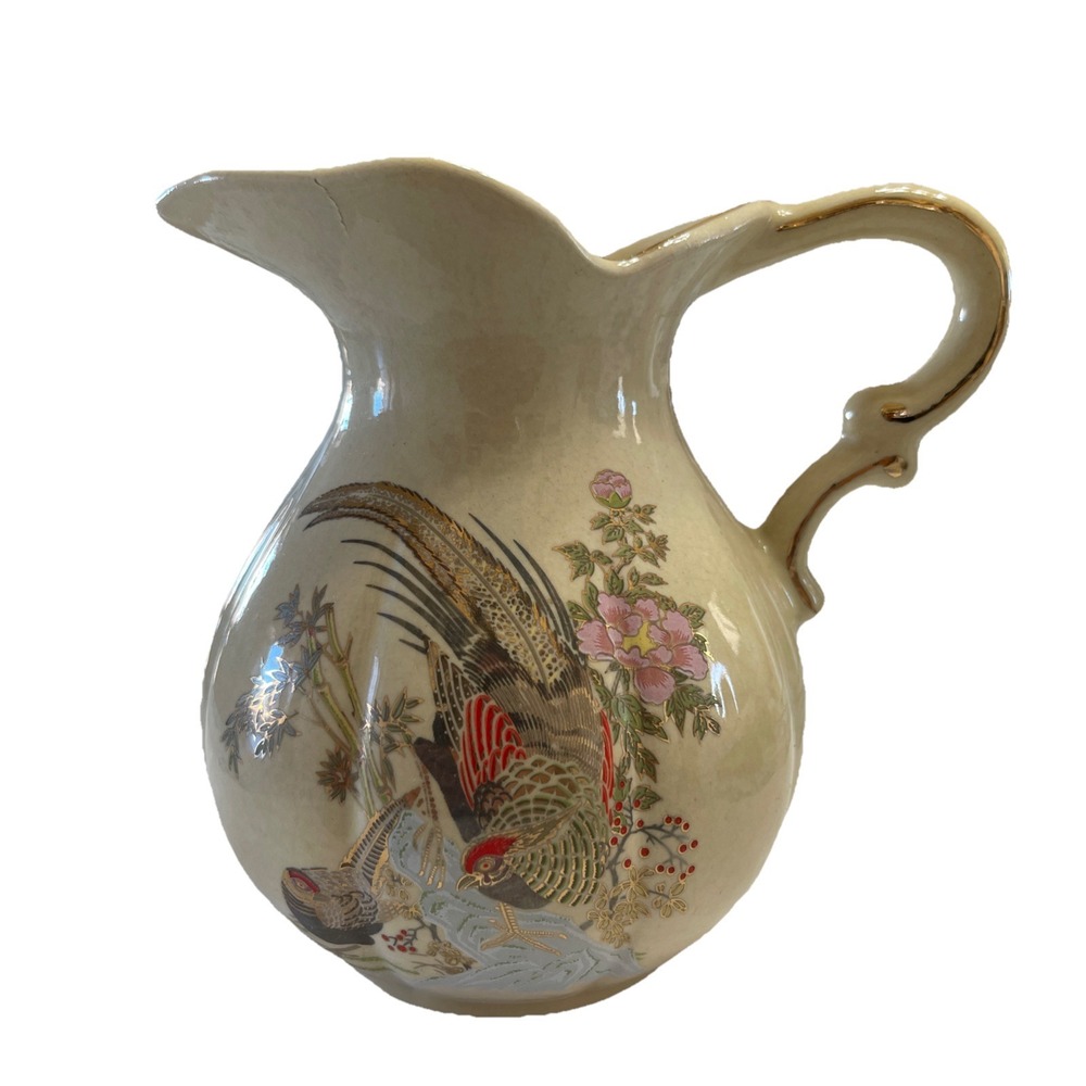 Vintage Oriental Bird of Paradise Gold Accented‎ Elegant Design Small 6" Pitcher